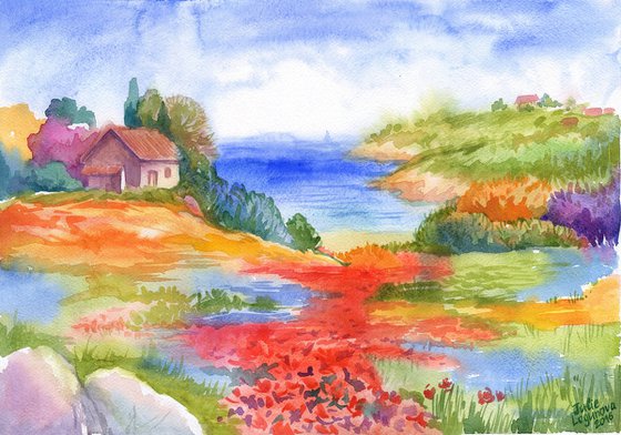 Landscape Original Watercolor painting small size gift Flowery blooming fields village house spring summer sea beach sky aquarelle handmade decor