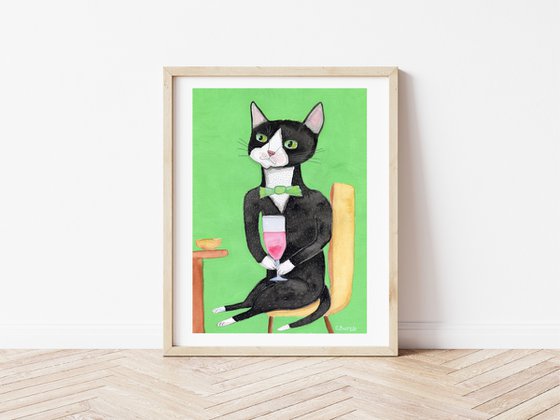 Tuxedo Cat drinking red wine on a Date Gentleman