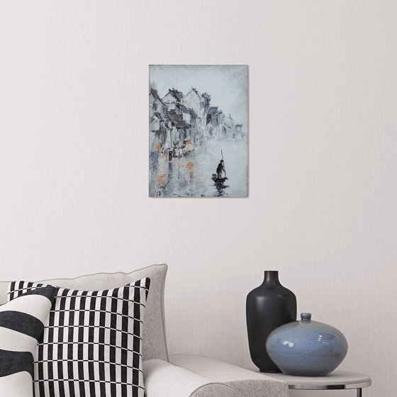 Old town in China. Commission. Small dry pastel painting grey moody sea river people oriental landscape village home decor impressionism