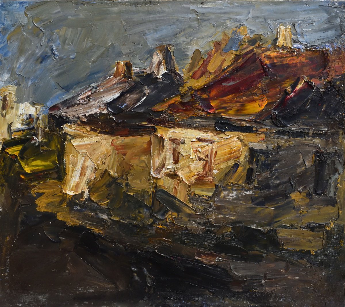 Expressive Cityscapes Oil Painting By Stanislava Cherkasova, 31 X 28", Houses In The Sun, Original Artwork