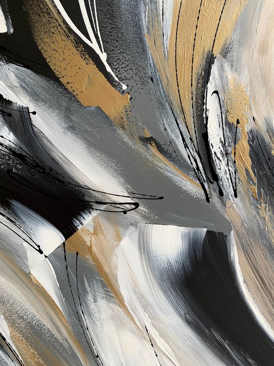 Wild and Free - XL LARGE;  GOLD, BLACK & WHITE ART; MODERN ABSTRACT ART – EXPRESSIONS OF ENERGY AND LIGHT. READY TO HANG!