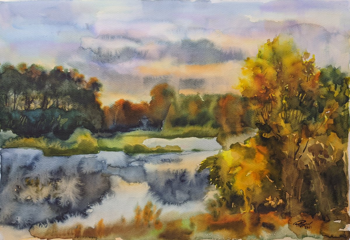 Impressionistic Landscape Watercolour By Yurii Pashkov, 22 X 15", Autumn Morning On The River, Original Artwork