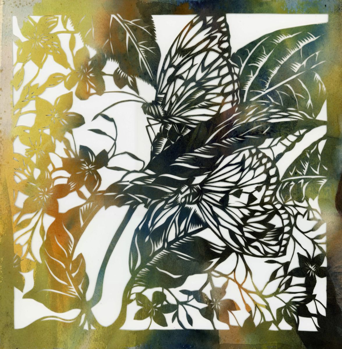 Botanical Watercolour By Alfred Ng, 13 X 13, Two Butterflies In The Garden, Original Artwork