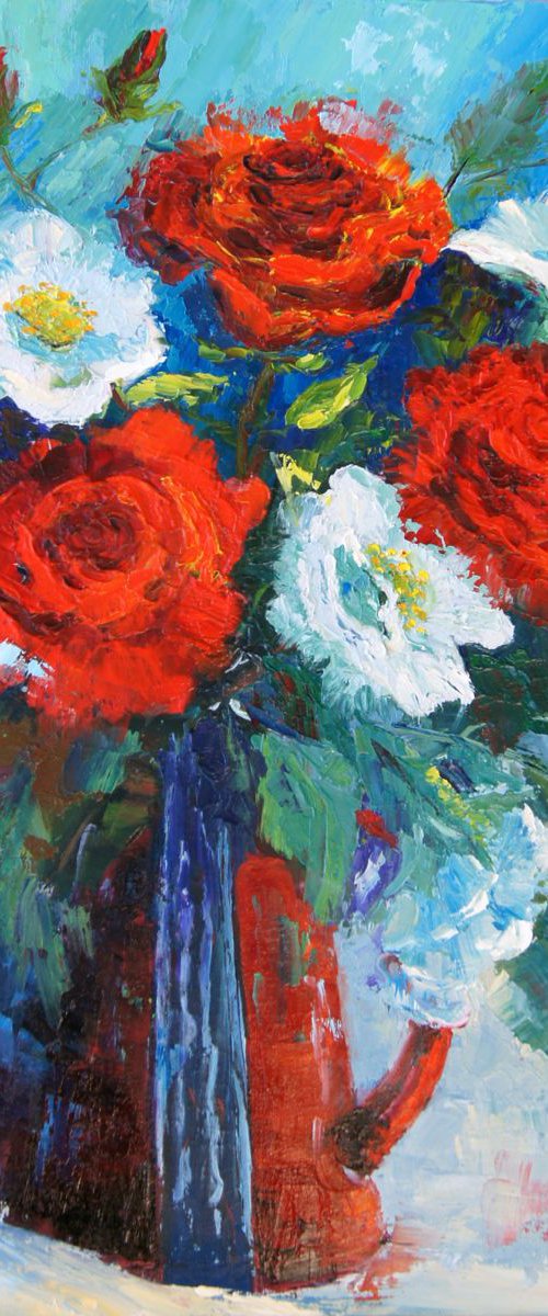 Red, White and Blue Rose Still Life by Marion Hedger