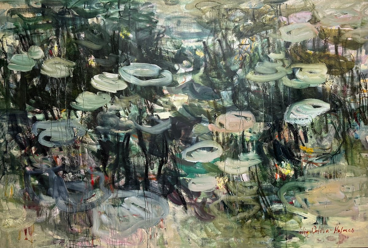 Expressive Abstract Oil Painting By Lilia Orlova-Holmes, 79 X 53", Green Waters, Original Artwork