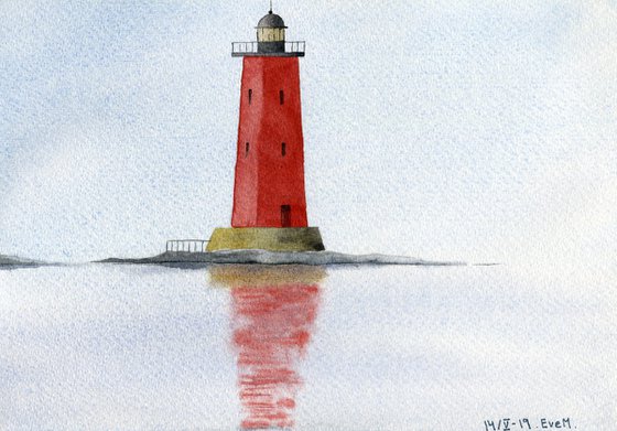 Red lighthouse in the sea. Minimalism. Original watercolor artwork.