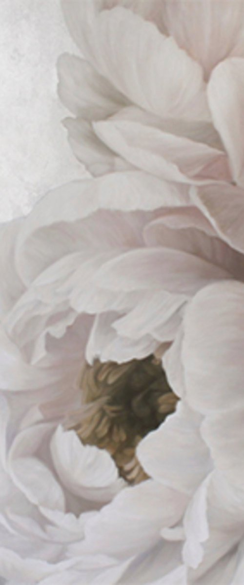 "Soft Peonies" White silver flowers oil art by Olha Tsapenko