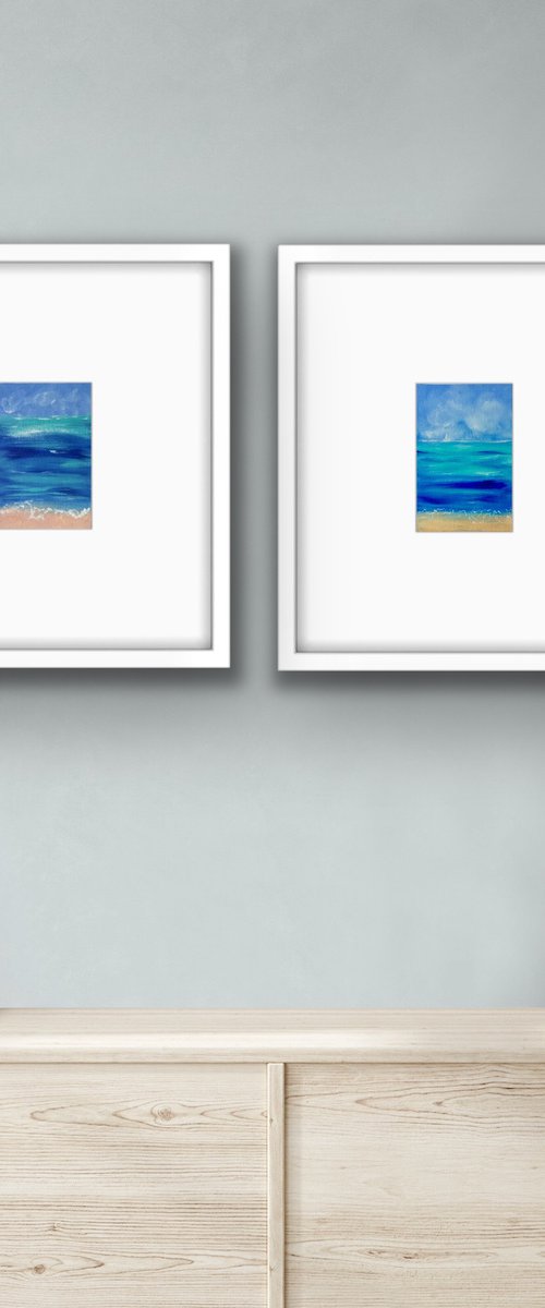 Seascape diptych oil paintings - Set of 2 small canvas - Ocean miniatures (2021) by Olga Ivanova