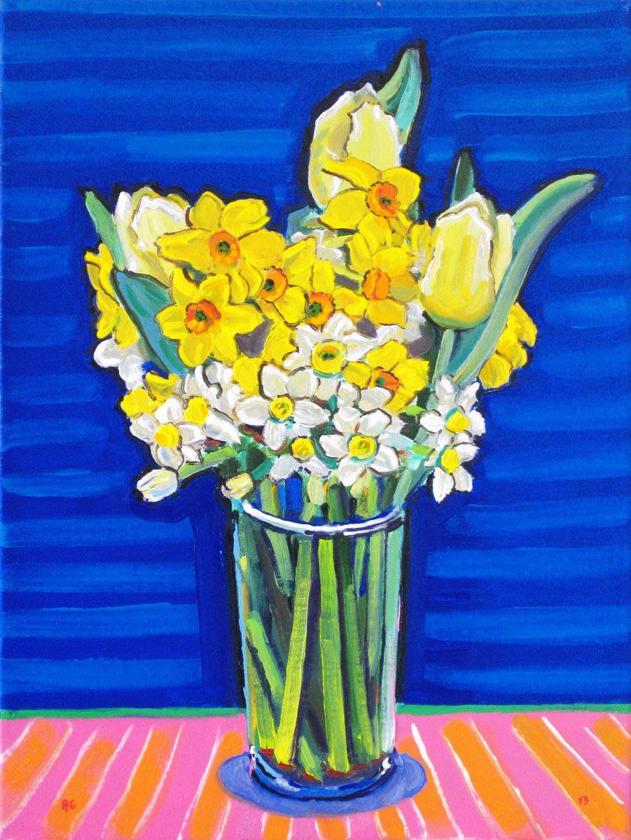 Botanical Oil Painting By Richard Gibson, 12 X 16", Tulips And Narcissi (1), Original Artwork