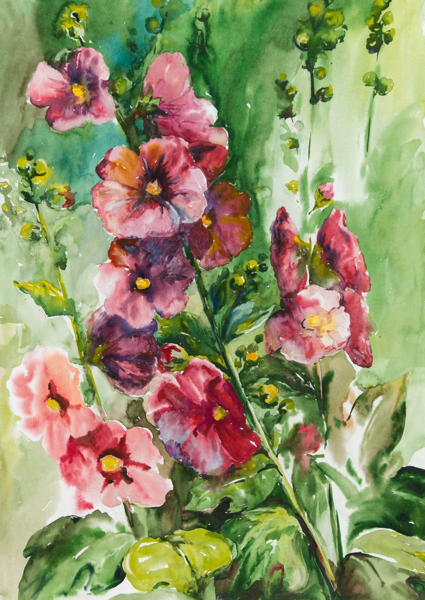 Impressionistic Botanical Watercolour By Galyna Shevchencko, 17 X 23, Red Flowers, Original Artwork