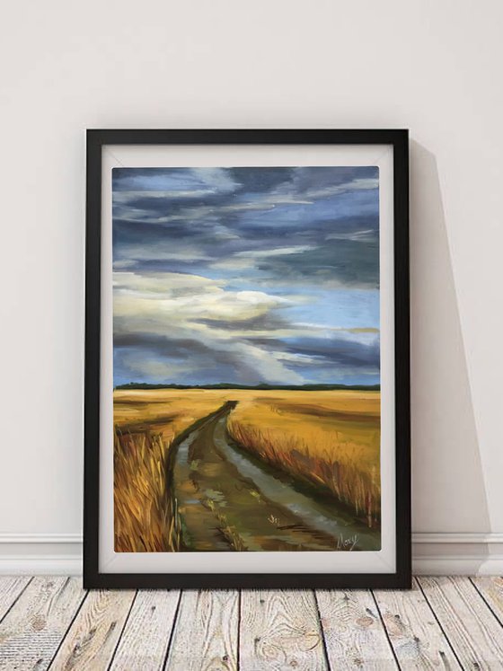 Landscape Original Oil Painting “Way back home in a rainy day” nature, village road 27.5х39cm