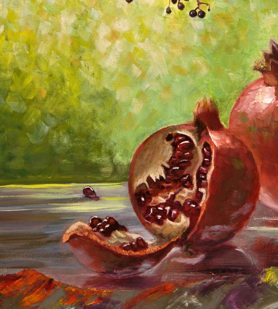 Pomegranate-ripe fruit with juicy grains in a decent environment, oil painting, home decor, original gift.