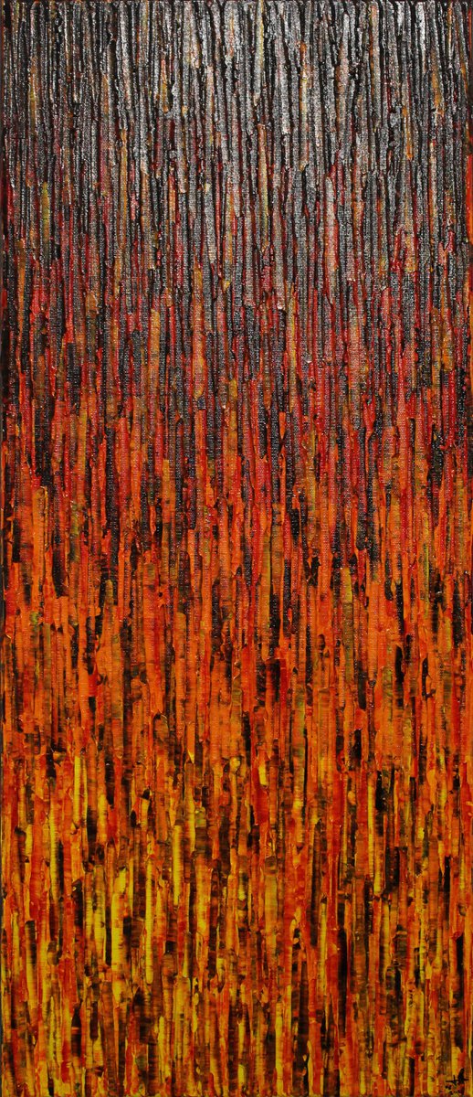 Abstract Acrylic Painting By Jonathan Pradillon, 12 X 28, Matrix Yellow Orange Red, Original Artwork