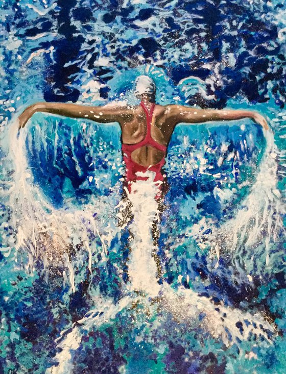Butterfly. The Swimmer. Splashing water. Painting for sale.