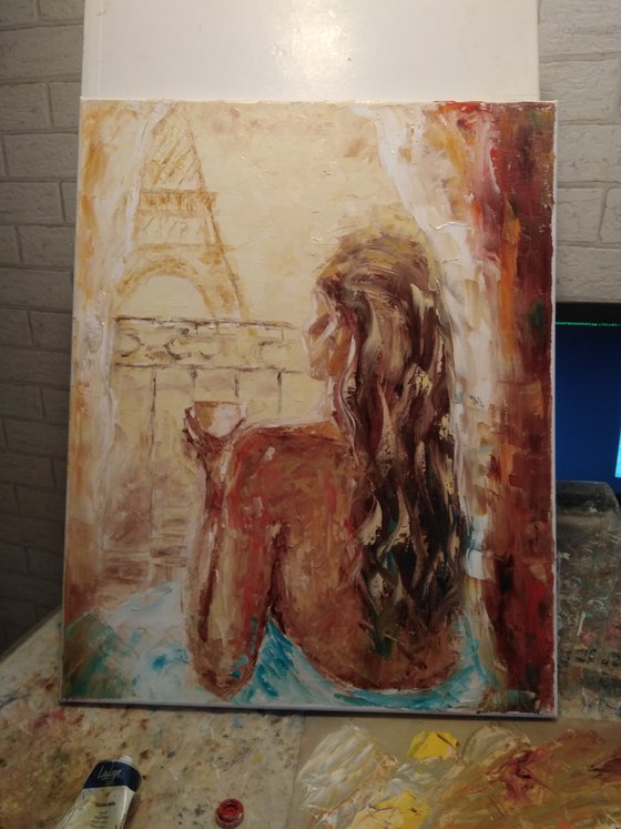 Coffee in Paris, original oil painting palette knife nude girl 40x50 cm ready to hang