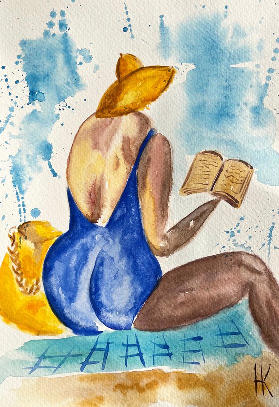 Beach Woman Painting Reader Original Art Reading Book Watercolor