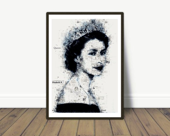 Queen Elizabeth II - Coronation Jubilee Newspapers Collage Blue Pen Drawing - New Contemporary Modern British QueenPortrait Art