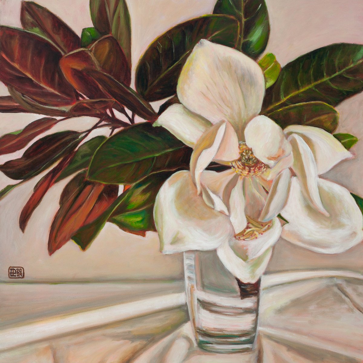 Impressionistic Still Life Oil Painting By Liudmila Pisliakova, 16 X 16", Magnolia Grandiflora, Original Artwork