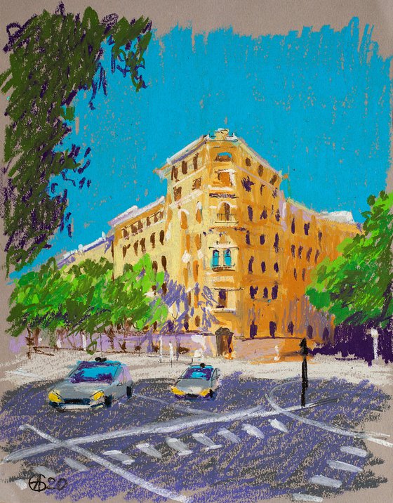 Street with yellow house 2. Sunny urban landscape in Madrid. Small oil pastel impressionistic interior painting