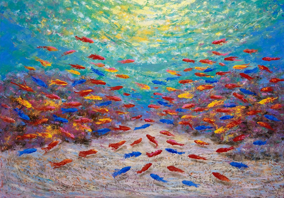 Impressionistic Animal Oil Painting By Anastasia Woron, 39 X 28, Underwater. Underwater World., Original Artwork