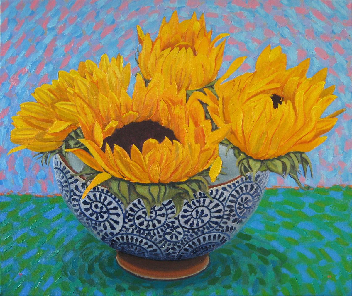 Botanical Oil Painting By Richard Gibson, 26 X 22", Four Sunflowers In A Bowl, Original Artwork