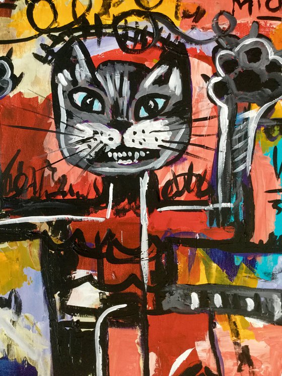 Red and Grey cat without a CROWN version of famous painting by Jean-Michel Basquiat