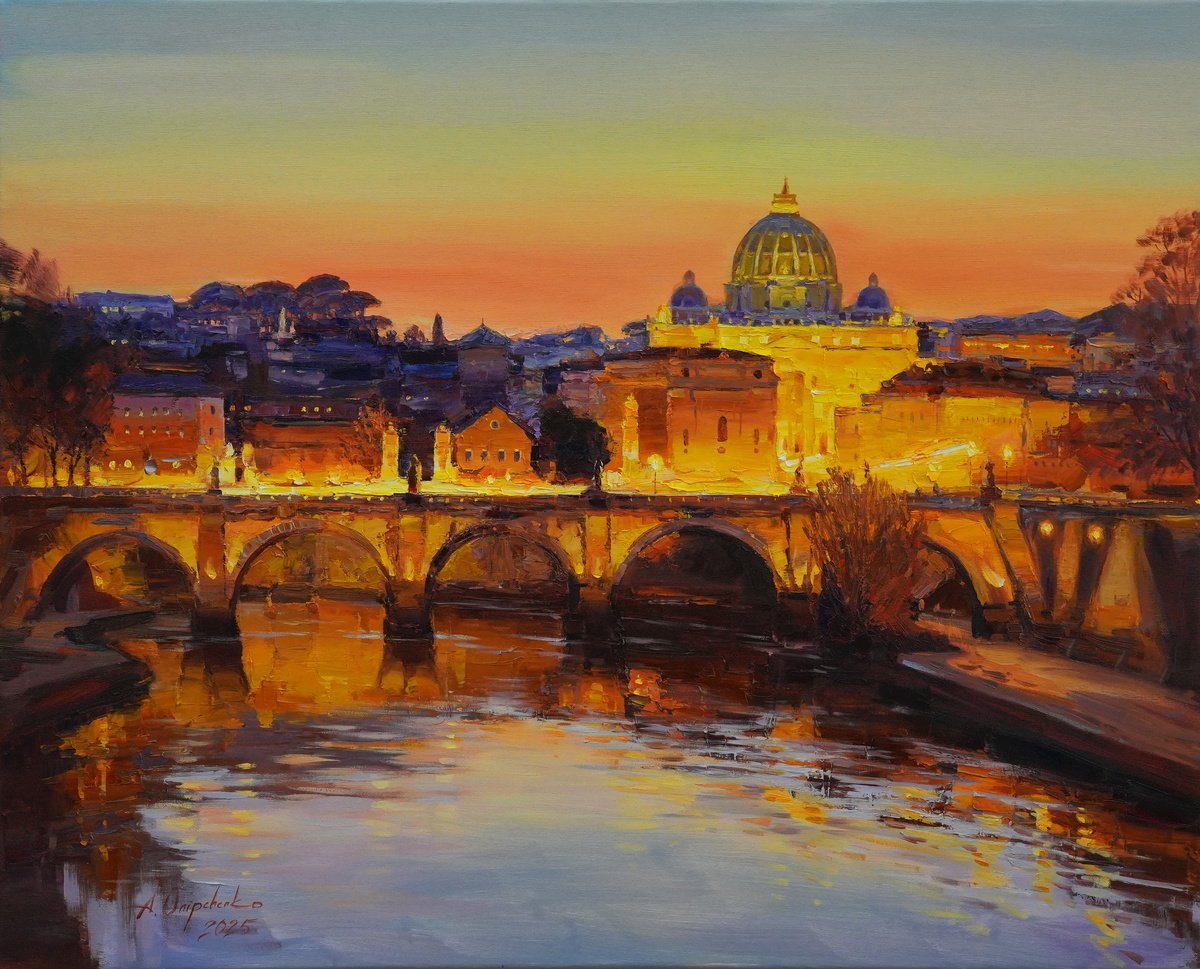 Impressionistic Cityscapes Oil Painting By Alisa Onipchenko-Cherniakovska, 39 X 31, St. Angelo Bridge In Rome, Original Artwork