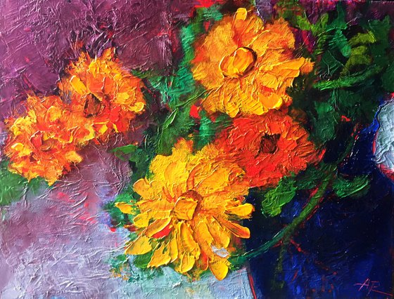 Sunny Marigold Flowers Oil Painting