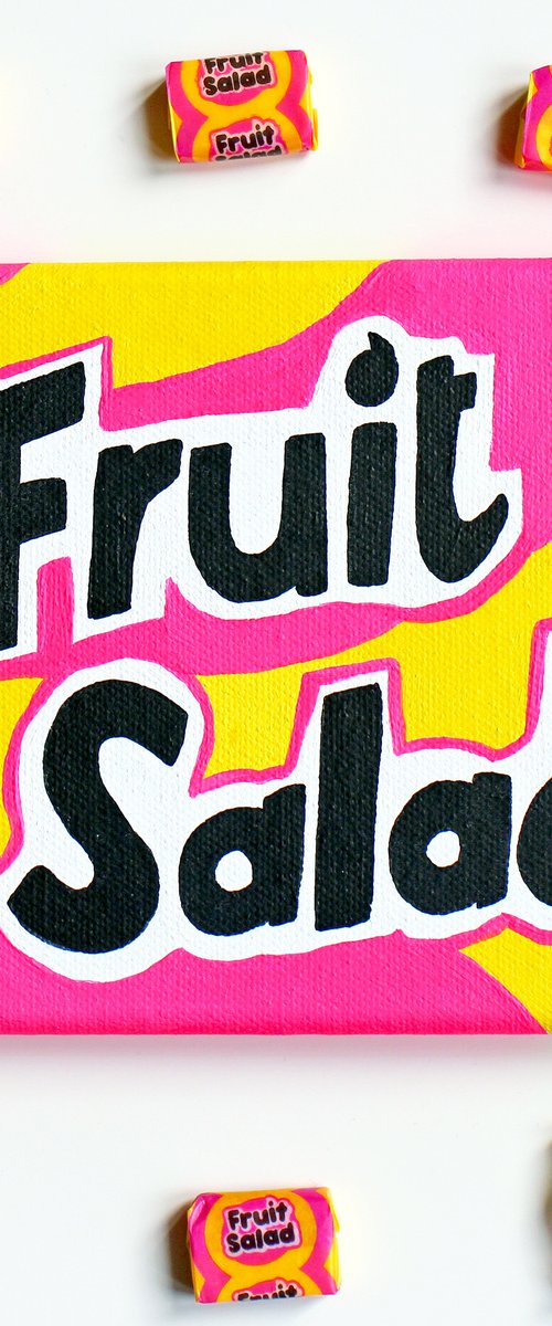 Fruit Salad Retro Sweets Pop Art Painting On Miniature Canvas by Ian Viggars