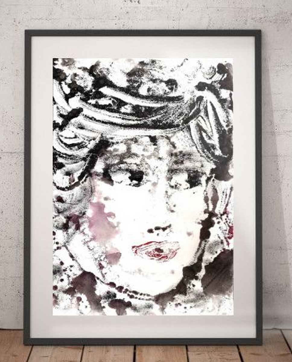 Portrait of a woman - Woman I - One of a kind Mono Type Print on paper 11x 8.25 by Asha Shenoy