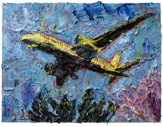 CAN'T OFFER ESCAPE (cat. ref. m984) - Original oil painting of plane flight