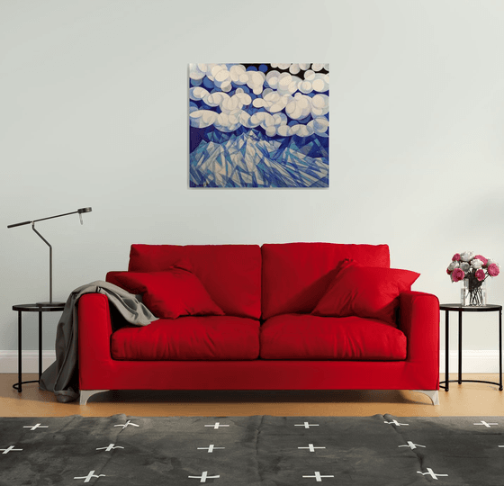 Winter evening (90x80cm, cubism, oil painting, ready to hang)