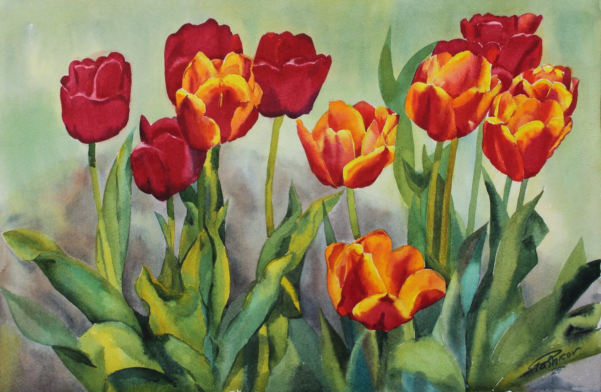 Impressionistic Botanical Watercolour By Yurii Pashkov, 22 X 15", Tulips#2, Original Artwork