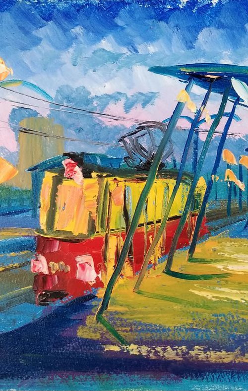 Evening tram. Pleinair painting by Dmitry Fedorov