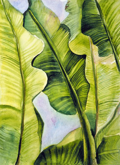 Green leaves - original tropical watercolor by Delnara El
