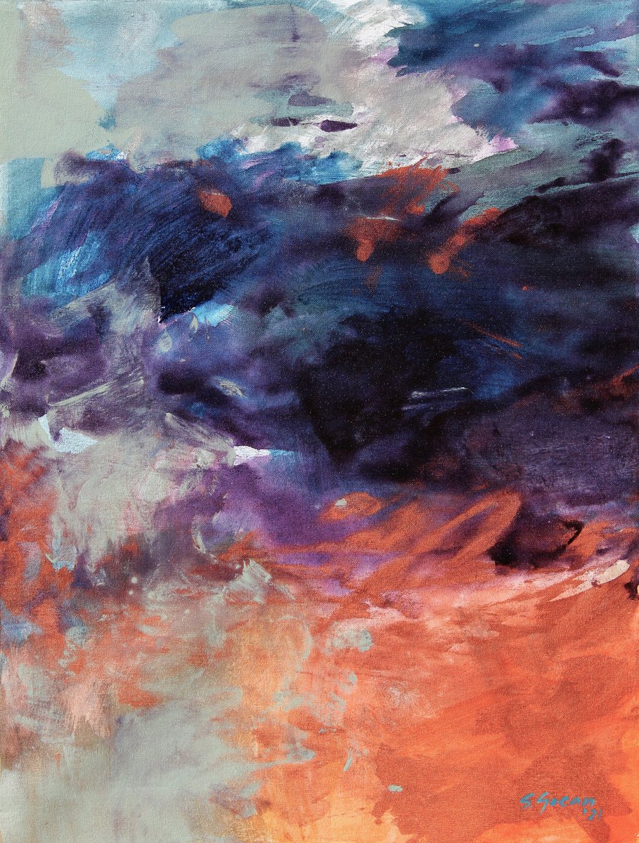 Abstract Acrylic Painting By Simona Gocan, 18 X 24", Poetry In Blue And Copper, Original Artwork