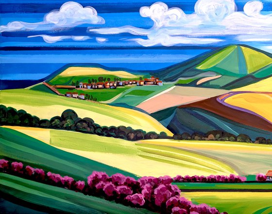 Golden fields and mountains