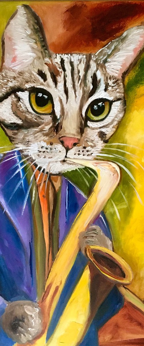 Cat  Saxophonist, musician, feline art for cat lovers. by Olga Koval