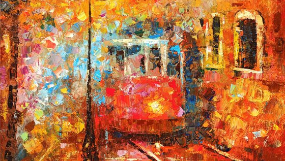 Red tram (60x50cm, oil painting, ready to hang)