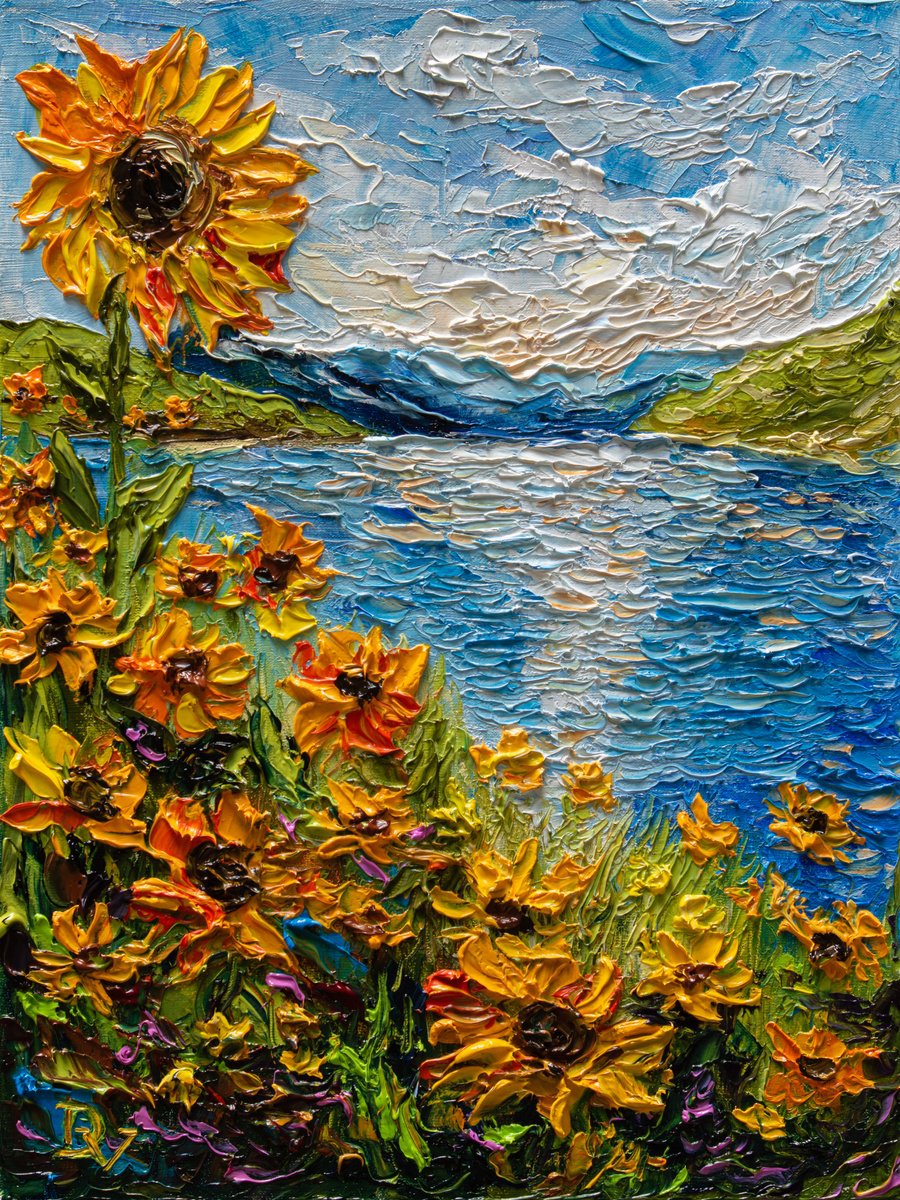 Impressionistic Landscape Oil Painting By Vladyslav Durniev, 12 X 16", Sunflowers By The Lake, Original Artwork