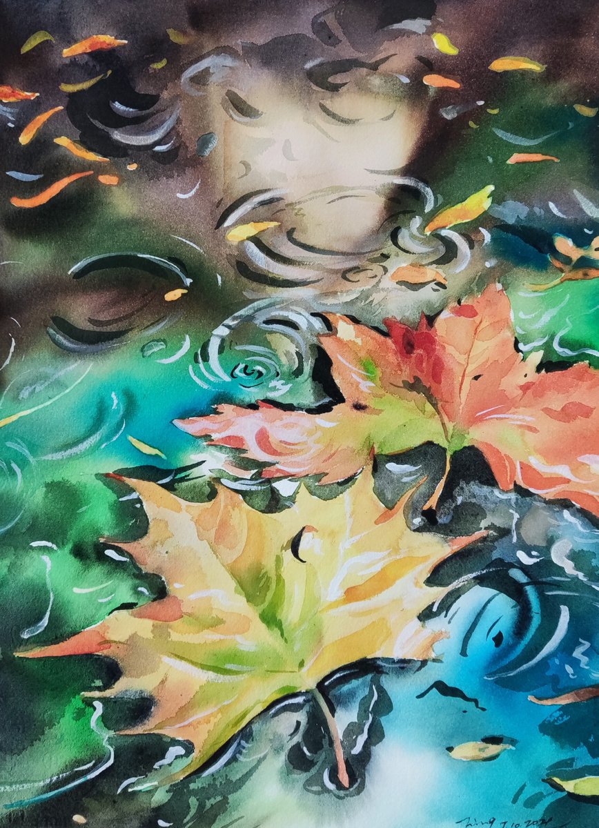 Impressionistic Landscape Watercolour By Jing Chen, 11 X 15, Leaves In The Rain, Original Artwork