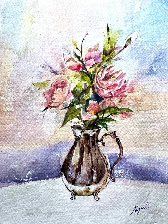 Peony Flower Vase - Watercolour study - Pooja Verma