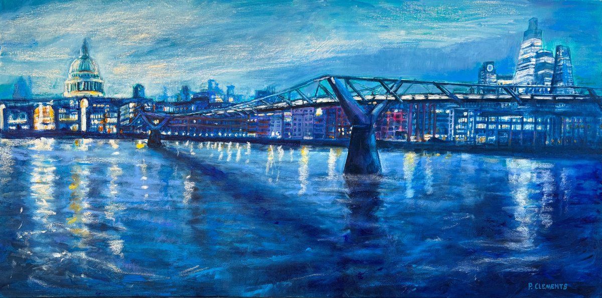 Impressionistic Cityscapes Oil Painting By Patricia Clements, 39 X 20", Blue St Pauls Cathedral, Original Artwork