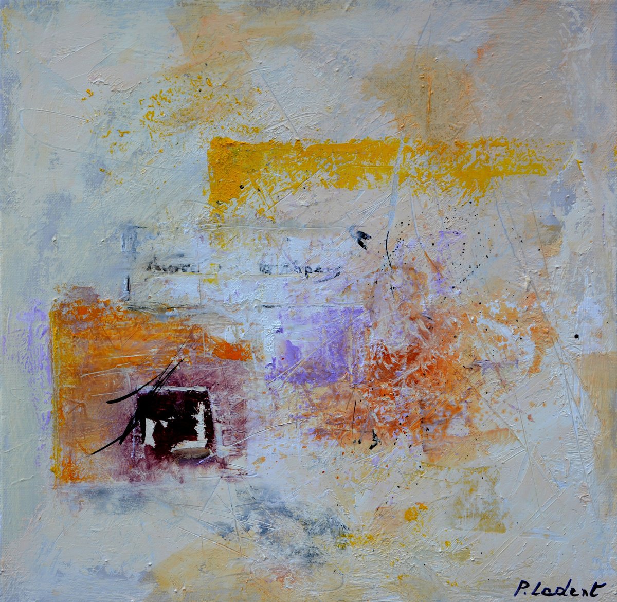 Abstract Oil Painting By Pol Henry Ledent, 16 X 16", Ancient Writing, Original Artwork