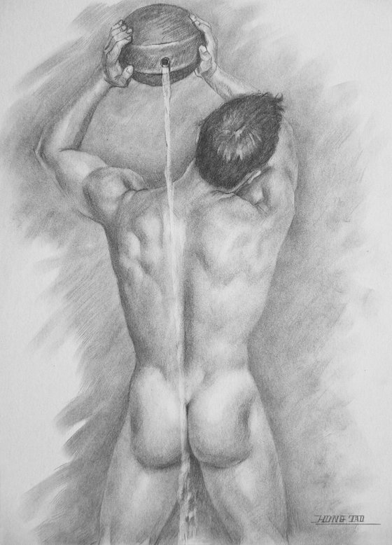 original art drawing charcoal male nude man on paper #16-5-13-03