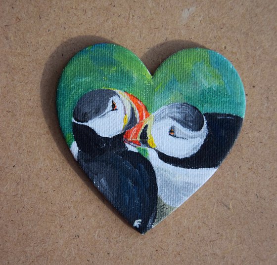 Puffins painting, heart magnet fridge, original acrylic painting, romantic gift