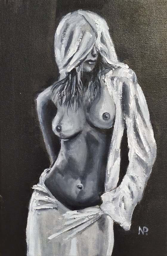 In the hood, nude erotic gestural oil painting, gift, black and white painting