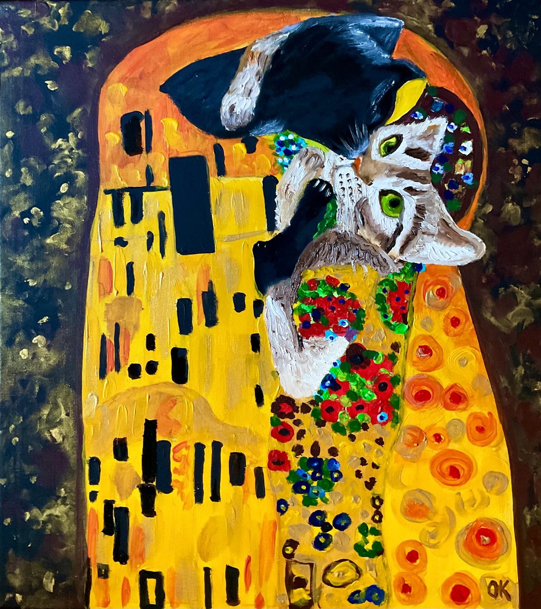 Cats kiss and Gustav Klimt Mixed media painting by Olga Koval