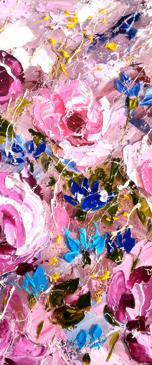 Peony Painting Floral Original Art Cornflowers Impasto Oil Palette Knife Painting Abstract Flowers Small Home Wall Art 12 by 12 inches by Halyna Kirichenko
