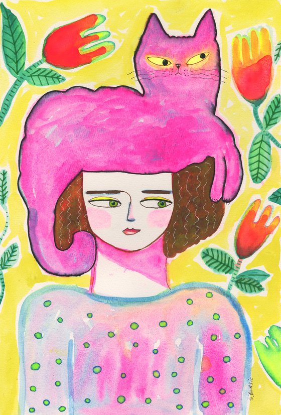Cat lady with pink cat on head folk art